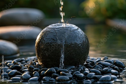 Water flowing over a dark stone sphere surrounded by polished black river rocks in a garden pond