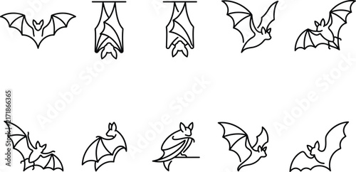 Bat line icon set, outline flying and hanging bats vector illustration isolated on white background