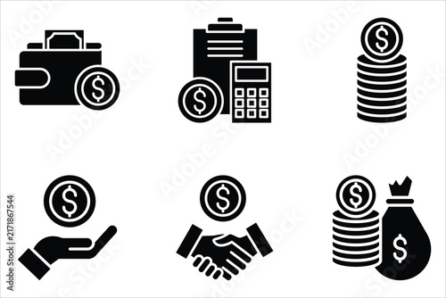A set of icons featuring money, wallets, currencies, dollars, cards, coins, savings, loans, and cash, as well as symbols, web elements, and labels related to financial business. Editable.
