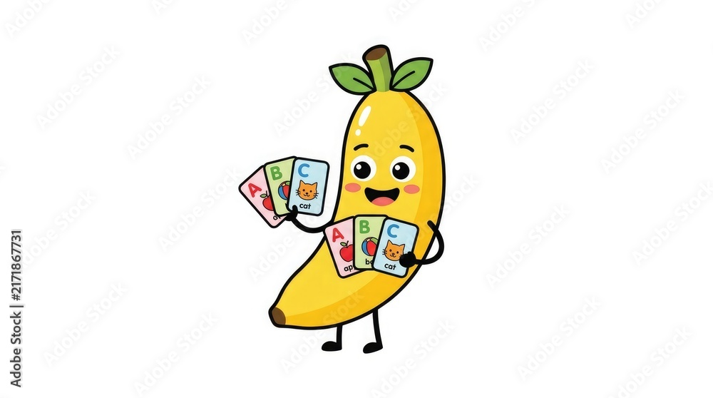 Naklejka premium Cute banana cartoon character holding alphabet cards