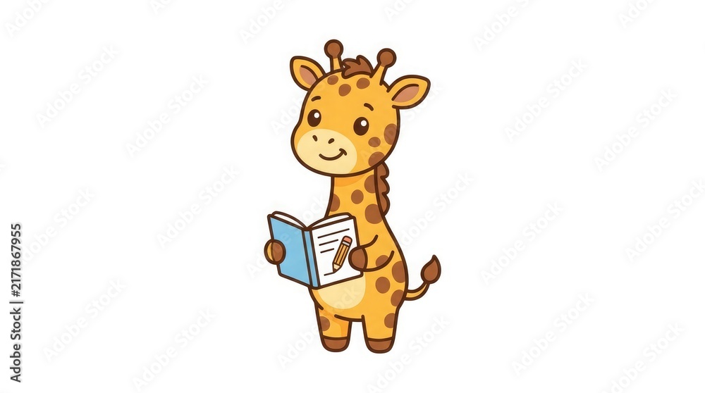 Fototapeta premium Cute cartoon giraffe holding a notebook and pencil