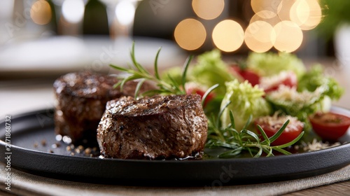 Grilled steak medallions garnished with fresh rosemary served alongside a vibrant mixed green salad with cherry tomatoes on a black plate