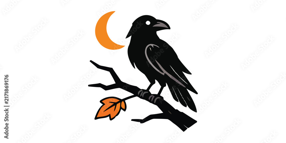 Fototapeta premium Halloween black crow raven on branch moon sticker vector
