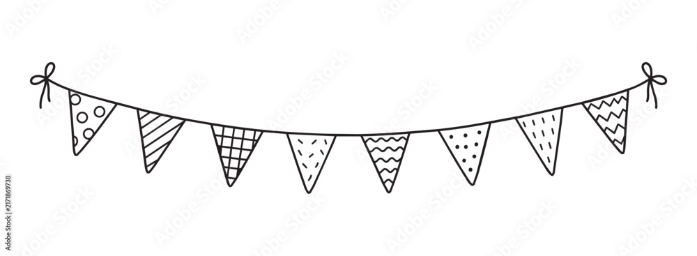Naklejka premium Hand drawn bunting banner with patterned pennants in doodle outline style, curved string and bold black linework for playful party decoration, cards, crafts, festive designs