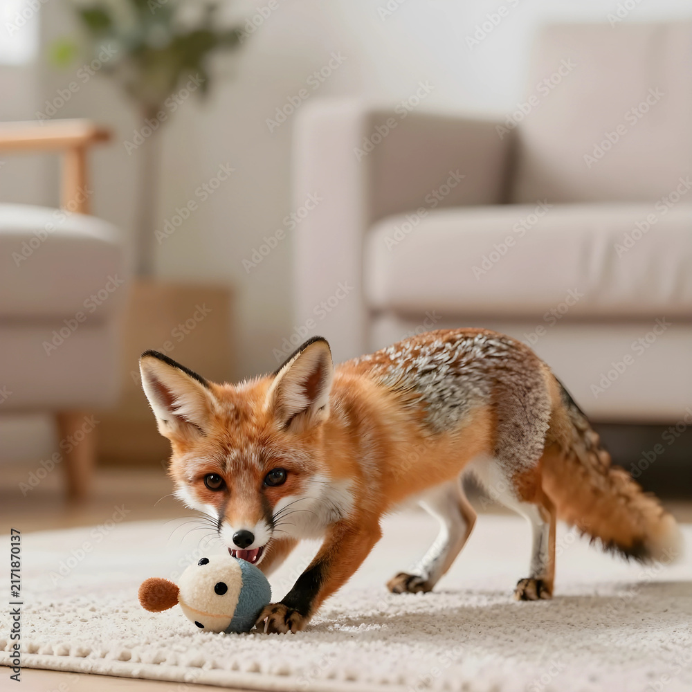 Naklejka premium Pet fox playing with toy, domestic wildlife and animal companionship concept, young red fox having fun with plush ball on living room carpet at home