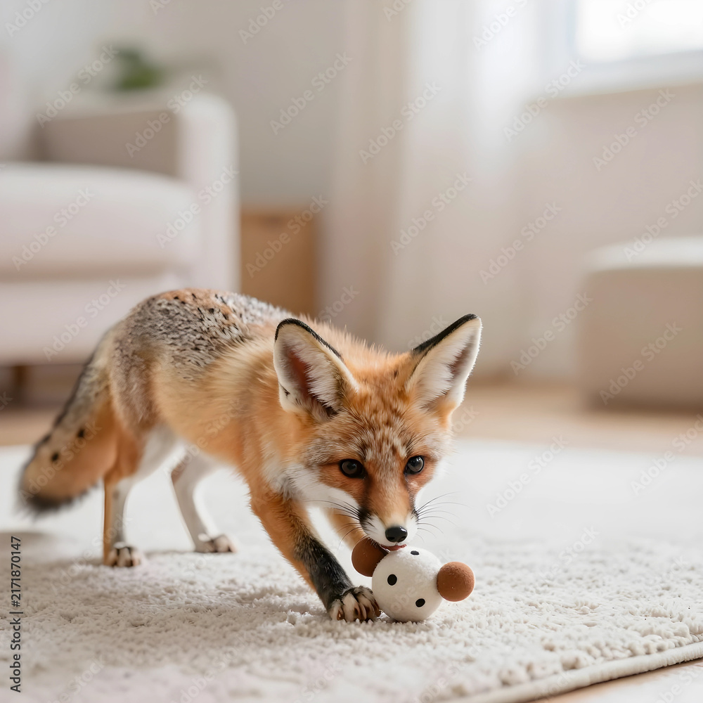 Naklejka premium Wildlife conservation and domestic animal care, young fox playing with a toy in a bright living room, pet adoption and nature education