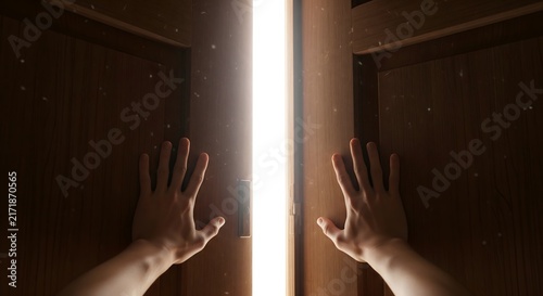 Person opening wooden double doors to reveal bright light and hope