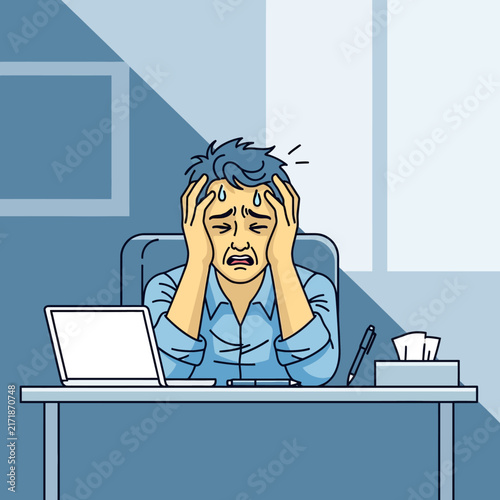 Overwhelmed Businessman Feeling Intense Stress While Working Late At Desk