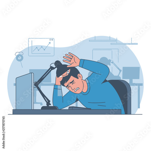 Overwhelmed Businessman Stressed At Desk With Computer Overwork