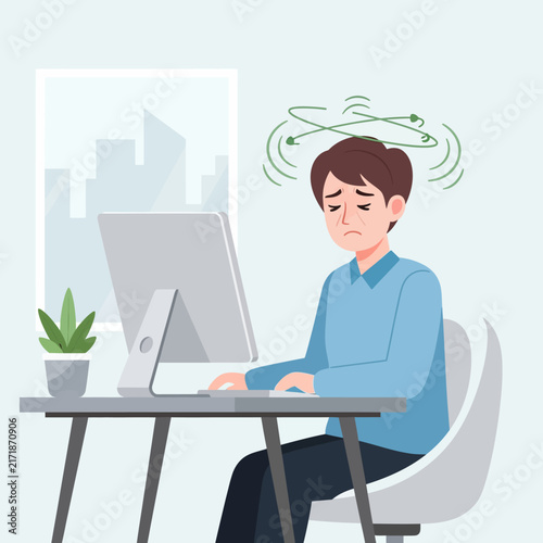 Overwhelmed Office Worker Feeling Dizzy At Desk