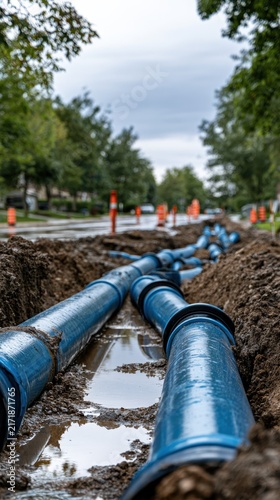 Blue water pipes being installed in a muddy trench alongside a suburban street with trees and orange traffic barriers visible in the background on a cloudy day