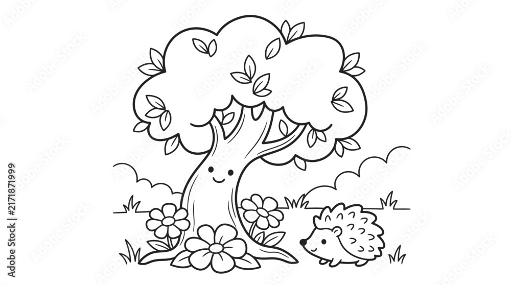 Fototapeta premium Cute hedgehog and smiling tree coloring page for kids vector illustration