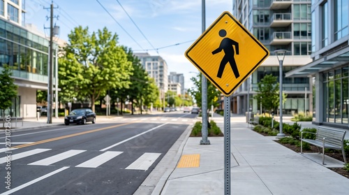 A bright urban street scene with a prominent yellow pedestrian crossing sign next to a crosswalk and modern buildings.
