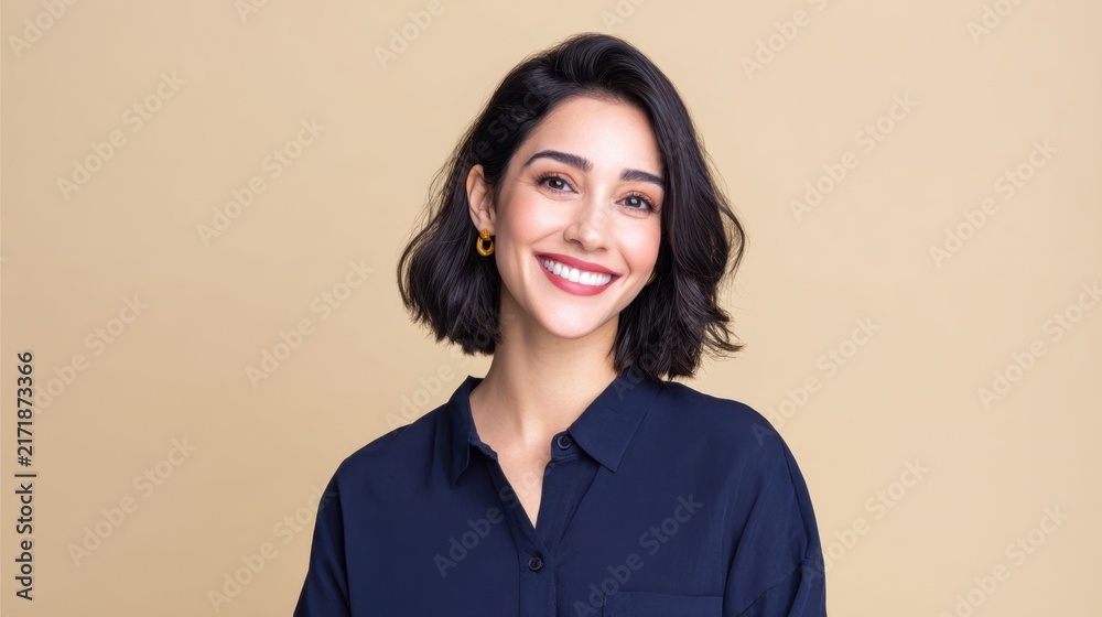 Fototapeta premium Smiling Qatari businesswoman posing against a beige background with copy space