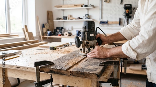 Woodworking craftsman shaping rustic wood board with electric router tool in workshop