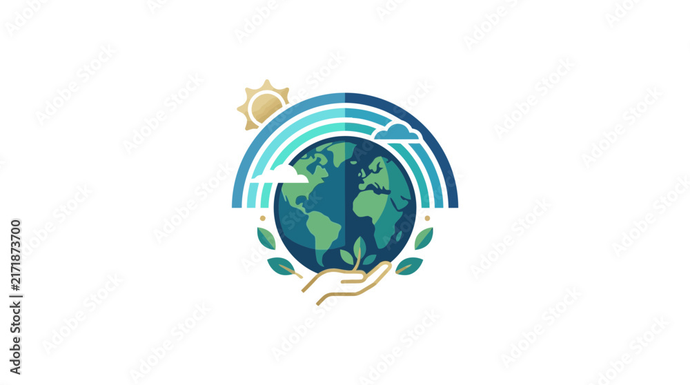 Naklejka premium Hand holding earth globe with leaves and rainbow