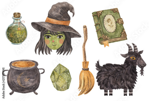 Foto Watercolor witch magic clipart set with cauldron, broom, potion, crystal, spell