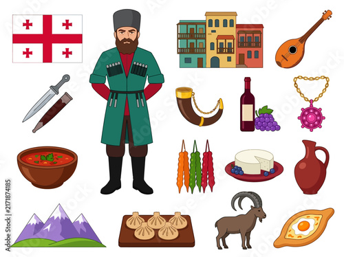 Bild auf Leinwand Georgia Cultural Icons and Traditional Food Vector Illustration Set
