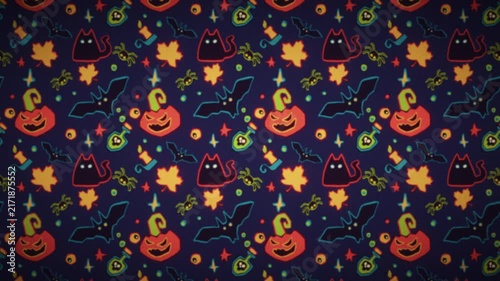 Seamless looping 2D cartoon Halloween animation pattern with vintage damaged grainy film effect, glow and halation for spooky festive promotion, social media, event invitations, party background.