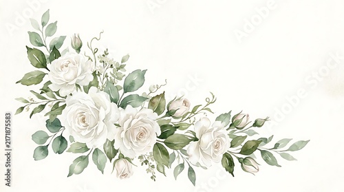 Beautiful watercolor floral corner arrangement with white roses and green leaves for wedding invitation card design