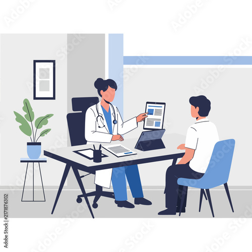 Doctor Patient Consultation Discussing Medical Results On Tablet And Laptop Screen
