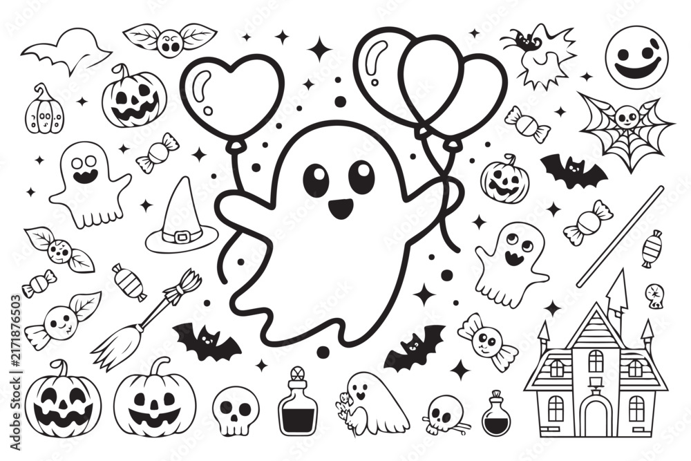 Fototapeta premium Cute Ghost Balloon Halloween Line Art Vector Illustration Isolated on White Background