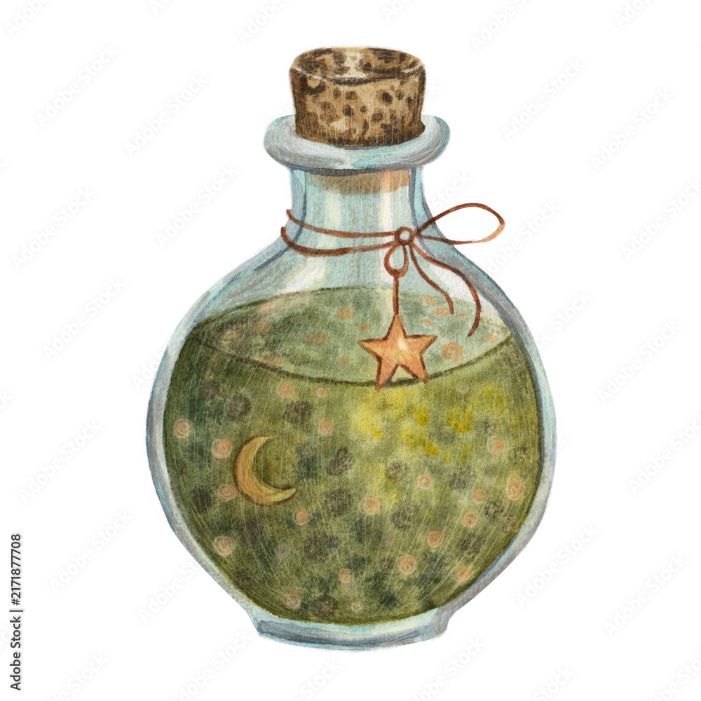 Obraz premium Magical green potion bottle with moon and star, watercolor witchcraft clipart isolated on white