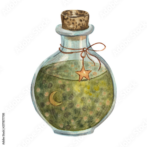 фотографія Magical green potion bottle with moon and star, watercolor witchcraft clipart is