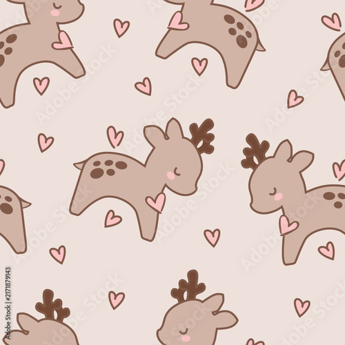 Cute Vector Hand Drawn Baby Deer Seamless Pattern with Hearts for Kids Textile