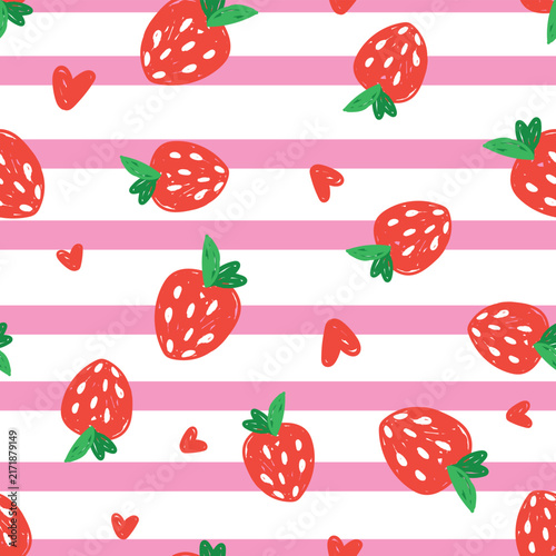 Hand Drawn Vector Strawberry Seamless Pattern with Pink Stripes for Summer Kids Textile