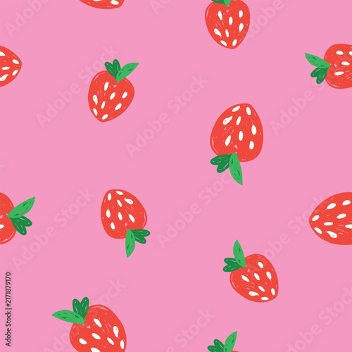Cute Vector Hand Drawn Strawberry Seamless Pattern on Pink Summer Background