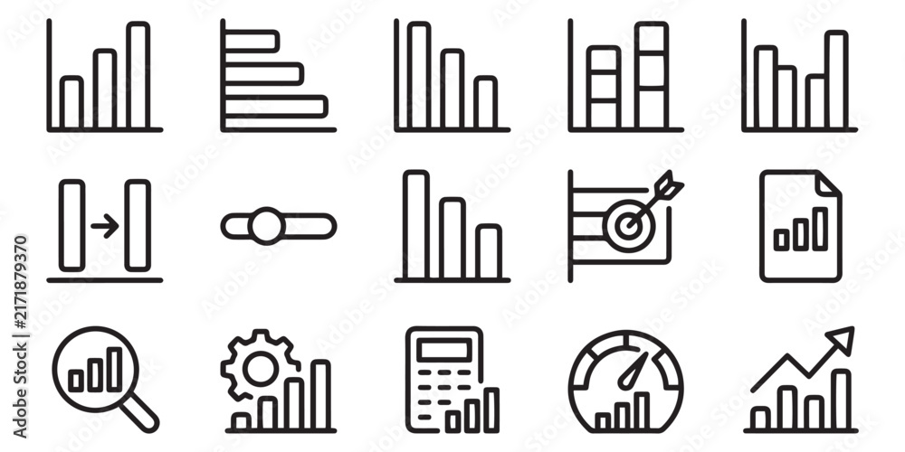Fototapeta premium Collection of business and finance line icons on a white background representing data analysis and growth