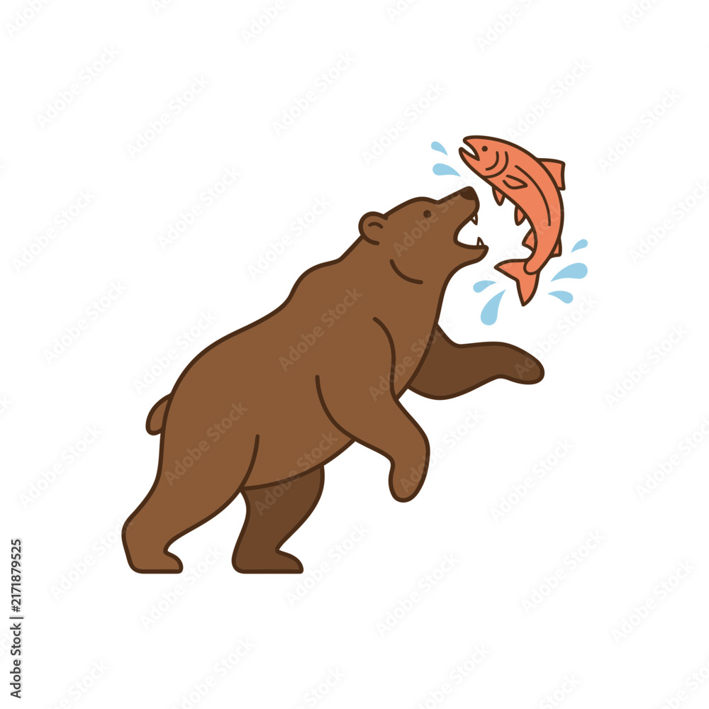Obraz premium Flat vector illustration of a brown bear catching a jumping salmon fish