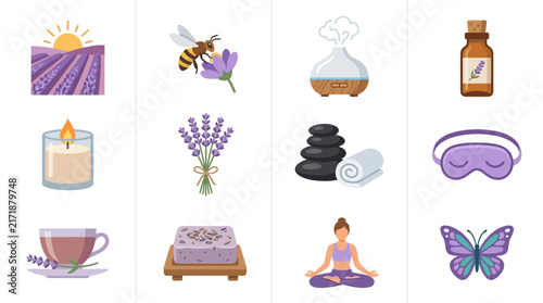Lavender products and wellness icons collection.