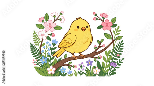Yellow bird on spring blossom branch.