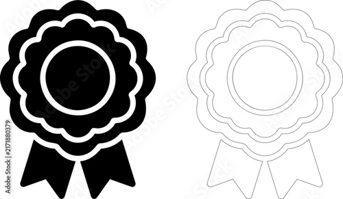 Award ribbon and rosette solid icon set. Featuring a black glyph and a thin line outline badge