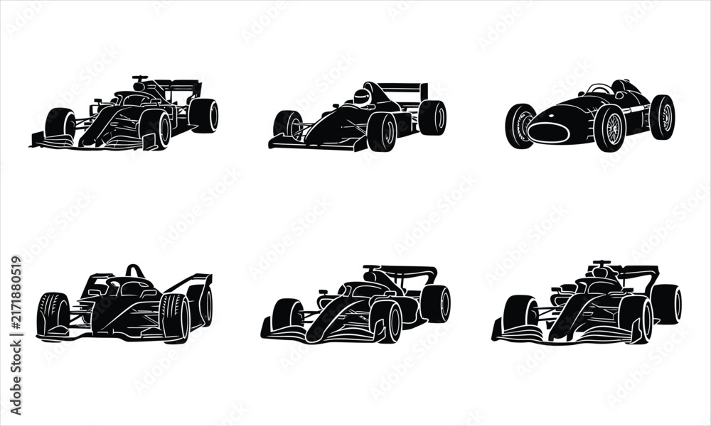 Naklejka premium Racing car silhouette icon set for formula one sport competitions.