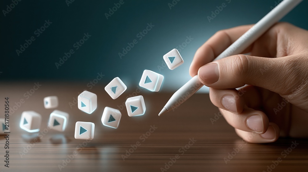 Obraz premium Hand holding a stylus pen creating a stream of floating play button icons on a wooden surface.