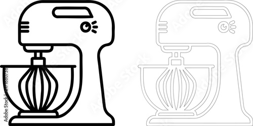 Electric stand mixer icon set. Kitchen appliance with mixing bowl and whisk. Outline vector icons