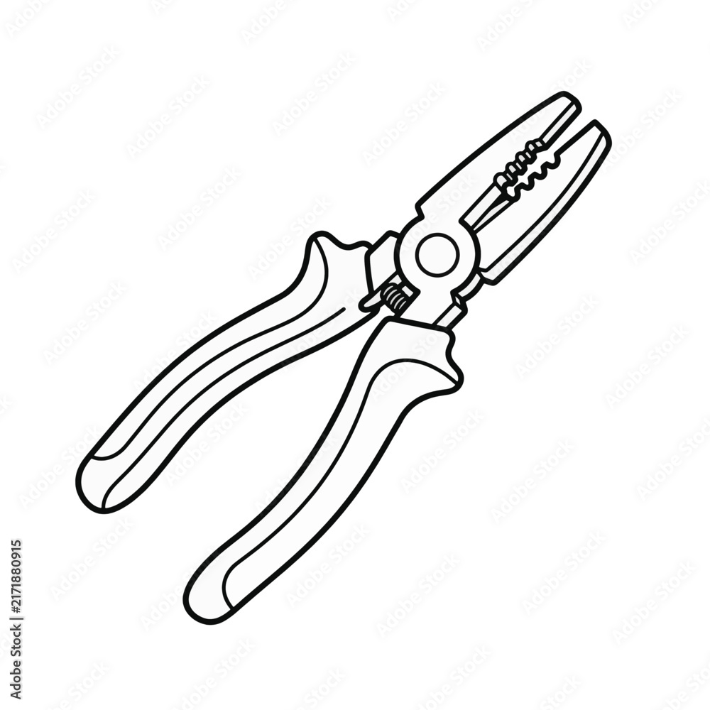 Obraz premium Black and white line art vector illustration of multipurpose wire stripper and electrician pliers tool