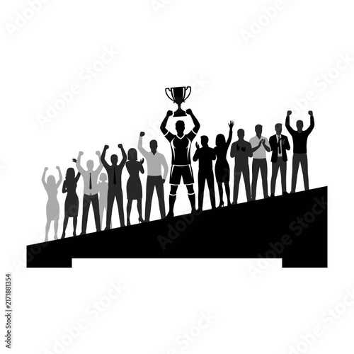 Canvas Print Triumphant team celebrating victory with trophy on hill
