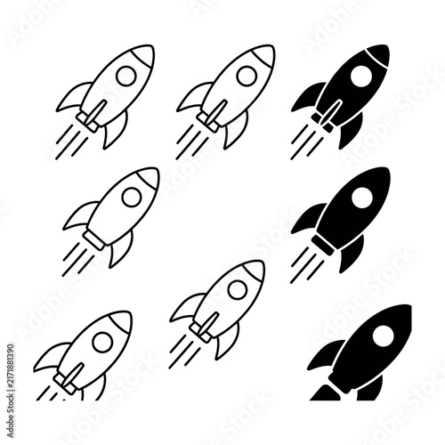 Rocket launch icon set in black and white line art style