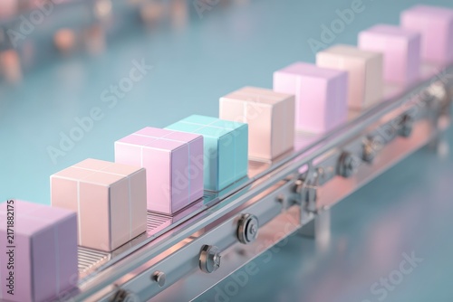 Colorful pastel 3D cubes moving along a conveyor belt, representing automation, manufacturing, and industrial production process.