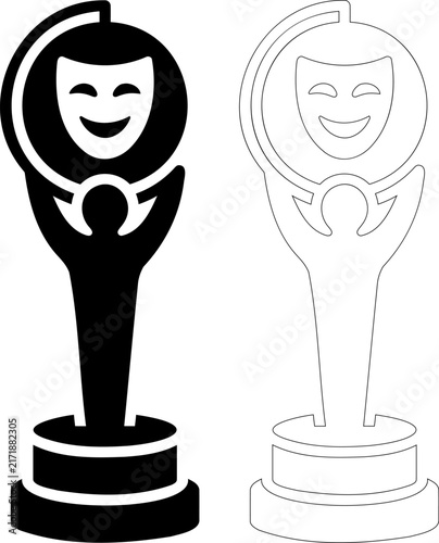 Theater Award Trophy and Comedy Mask. Solid and outline icon set for drama and film festivals