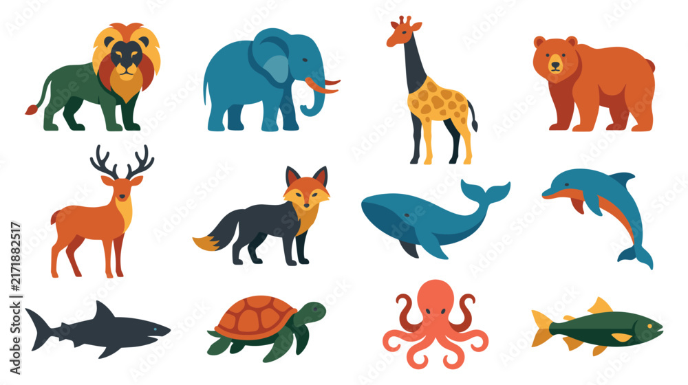 Obraz premium Cute cartoon wild animals set of land and marine creatures icon.