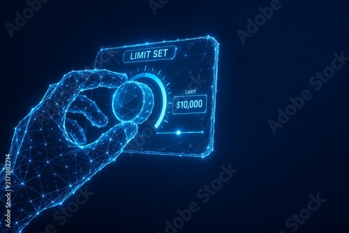 Digital hand adjusting a glowing control knob on a futuristic panel. card protection transaction monitoring adjusting futuristic technology. card protection