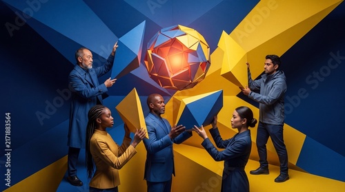 Diverse Business Team Collaborating on Abstract Geometric Project