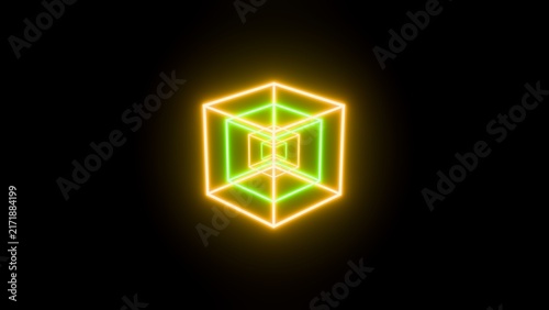 A luminous geometric cube tunnel uses yellow and green neon lines to create nested perspective and a futuristic abstract form against deep black.