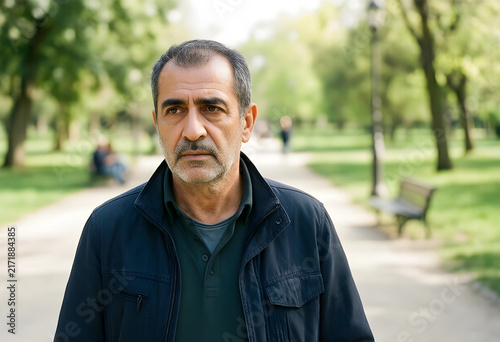 Mental health and loneliness, mature man feeling pensive and thoughtful while walking alone in a green park during a quiet afternoon in the city