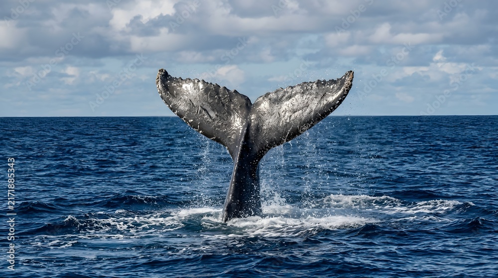 Naklejka premium Humpback whale fluke diving into deep blue ocean water